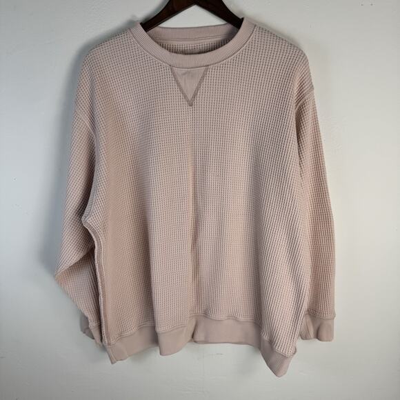 AERIE Waffle Knit CrewNeck Sweatshirt Pink Blush Large Cozy Textured Pullover - Picture 1 of 8